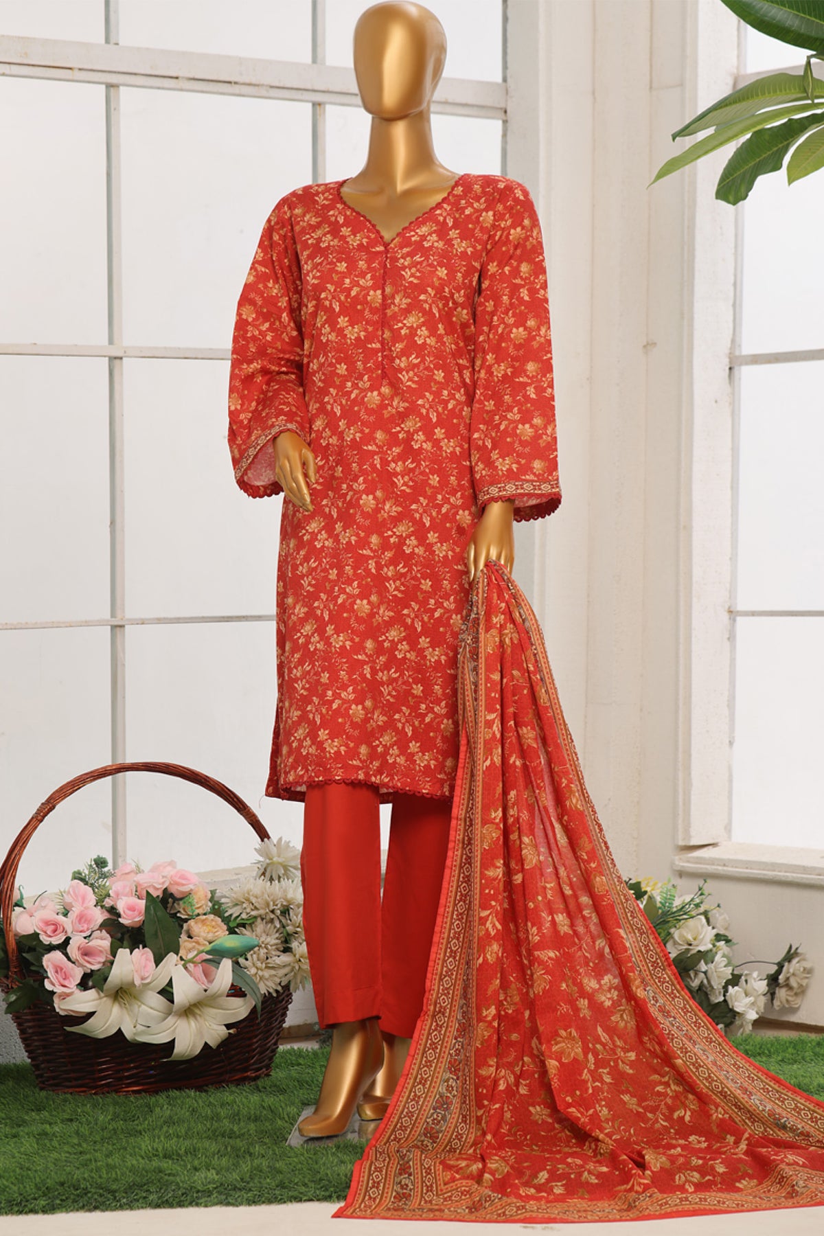 Bin Saeed Stitched 3 Piece Exclusive Cotton Vol-02 Collection'2024-WC-1068-Red