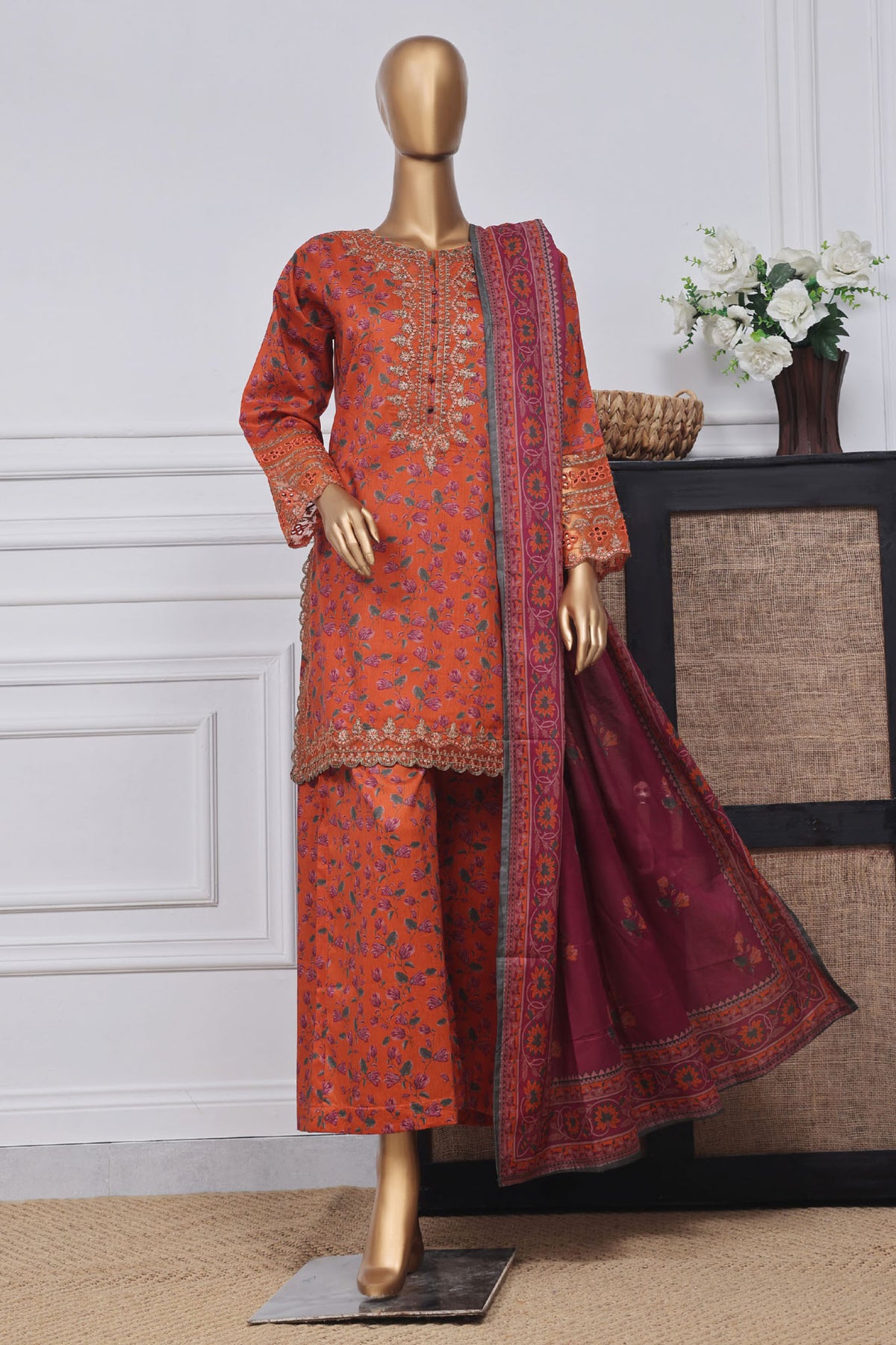 Malika by Sada Bahar Stitched 3 Piece Emb Festive Collection'2025-D-3391-Rust