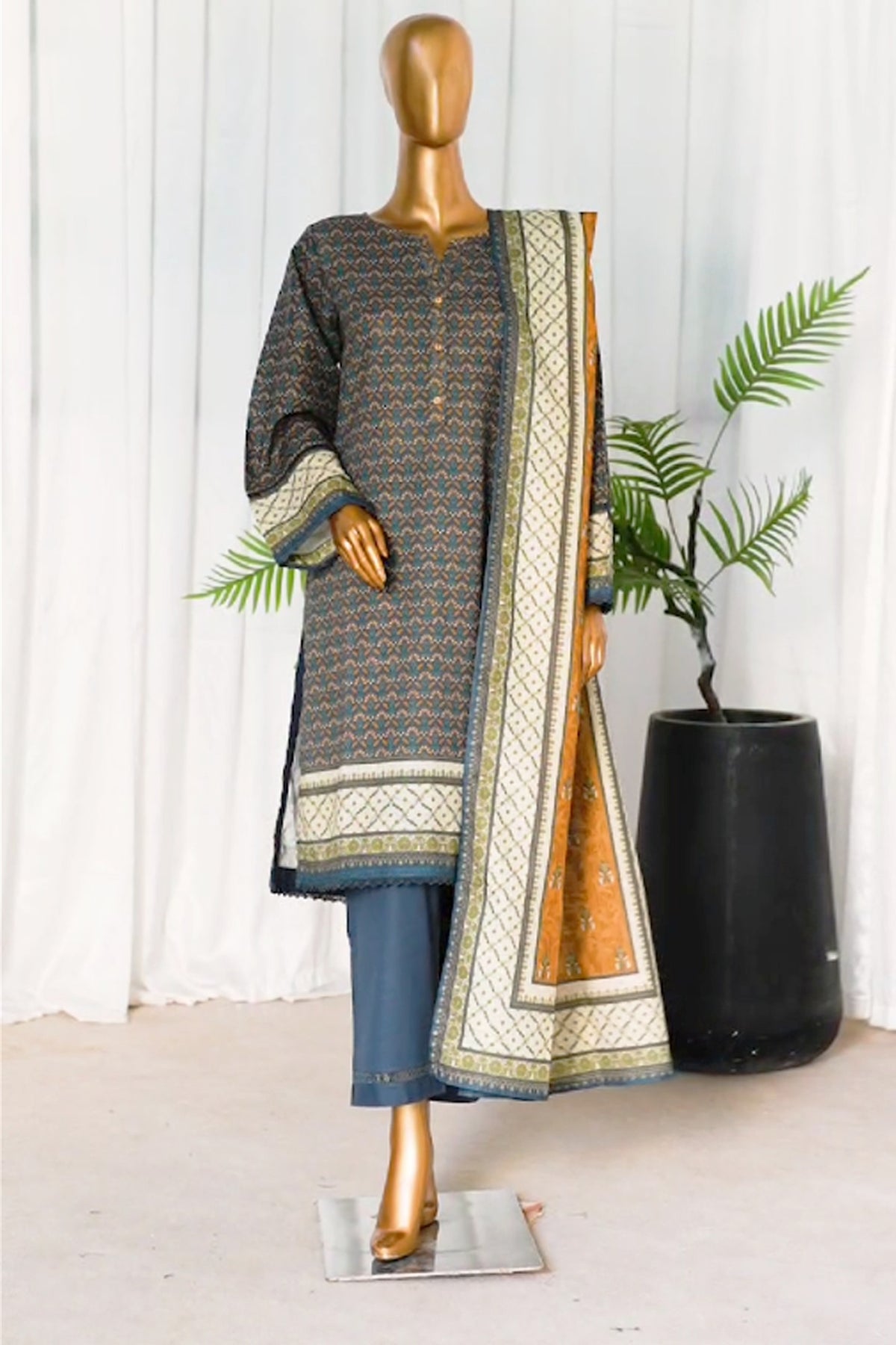 Sada Bahar Stitched 3 Piece Printed Khaddar Collection'2024-D-7252-Dark Grey