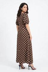 Amna Ali Nawaz Stitched Maxi-Cortado Brown Polka Dot Dress