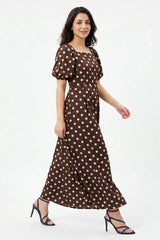 Amna Ali Nawaz Stitched Maxi-Cortado Brown Polka Dot Dress