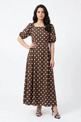 Amna Ali Nawaz Stitched Maxi-Cortado Brown Polka Dot Dress