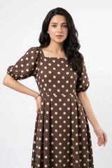 Amna Ali Nawaz Stitched Maxi-Cortado Brown Polka Dot Dress