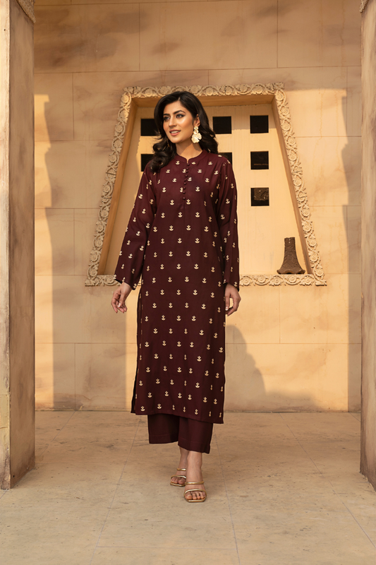 MYAURA Stitched 2 Piece Viscose Collection- Dark Brown