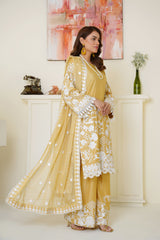 Threads & Weaves Sunshine Yellow Embroidered Viscose 3-Piece Suit