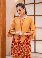 Daily Chic - Ahlam By Safa Textile Stitched 1 Piece Summer Shirt-Mustard Red Stripe Embroidery