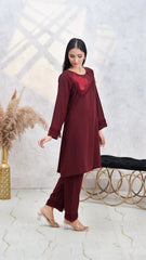 Premier Essence By Neesh Stitched Co Ords Summer Suit-Garnet - 2 Piece