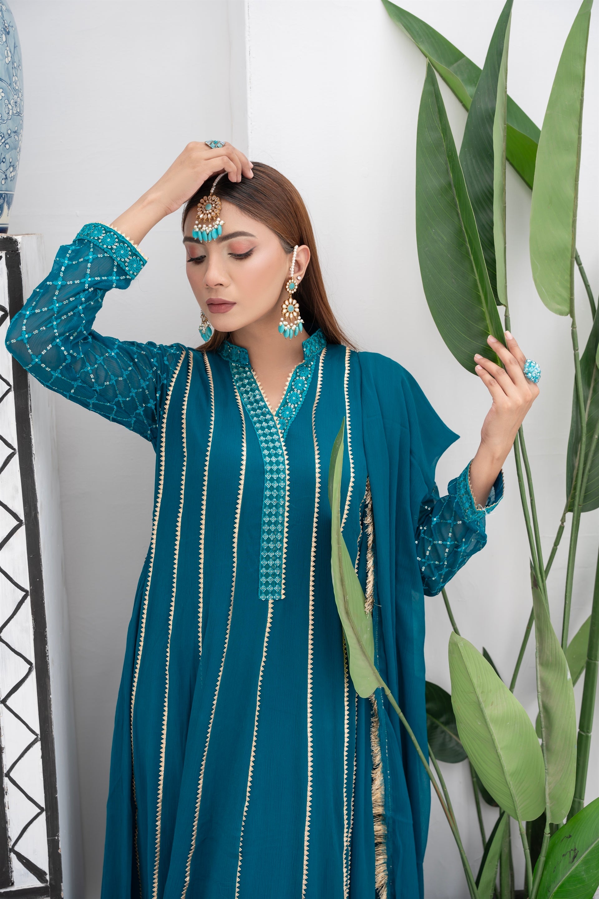 Manahils Stitched Formals Kurti 106-Teal