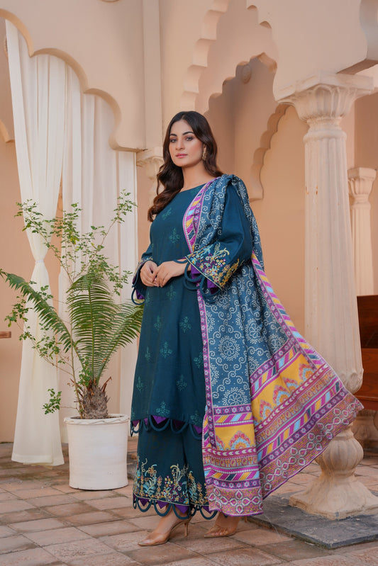 Threads & Weaves Stitched 3 PC - Embroidered Karandi Pret-05