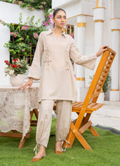 Pastel Weaves - Ahlam By Safa Textile Stitched 2 Piece Summer Solids and Basics Suit-Desert