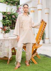Pastel Weaves - Ahlam By Safa Textile Stitched 2 Piece Summer Solids and Basics Suit-Desert