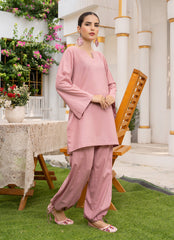Pastel Weaves - Ahlam By Safa Textile Stitched 2 Piece Summer Solids and Basics Suit-Dusty Rosewood Monologue
