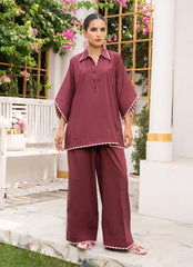 Pastel Weaves - Ahlam By Safa Textile Stitched 2 Piece Summer Solids and Basics Suit-Mulberry Merlot