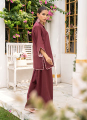 Pastel Weaves - Ahlam By Safa Textile Stitched 2 Piece Summer Solids and Basics Suit-Mulberry Merlot