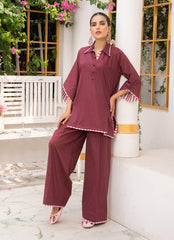 Pastel Weaves - Ahlam By Safa Textile Stitched 2 Piece Summer Solids and Basics Suit-Mulberry Merlot