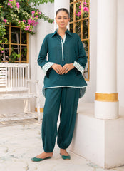 Pastel Weaves - Ahlam By Safa Textile Stitched 2 Piece Summer Solids and Basics Suit-Stripped Pine