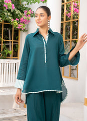 Pastel Weaves - Ahlam By Safa Textile Stitched 2 Piece Summer Solids and Basics Suit-Stripped Pine