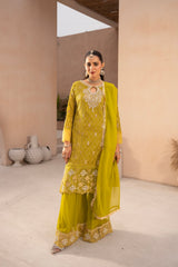 Banno By Manahils Stitched 3 Piece Formals-MS-04-CHARTREUSE