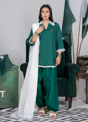 Ahlam By Safa Textile Stitched 3 Piece Summer Independence Edit Suit-Forestry & White