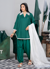 Ahlam By Safa Textile Stitched 3 Piece Summer Independence Edit Suit-Forestry & White