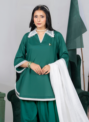 Ahlam By Safa Textile Stitched 3 Piece Summer Independence Edit Suit-Forestry & White
