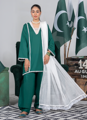 Ahlam By Safa Textile Stitched 3 Piece Summer Independence Edit Suit-Bottle Green