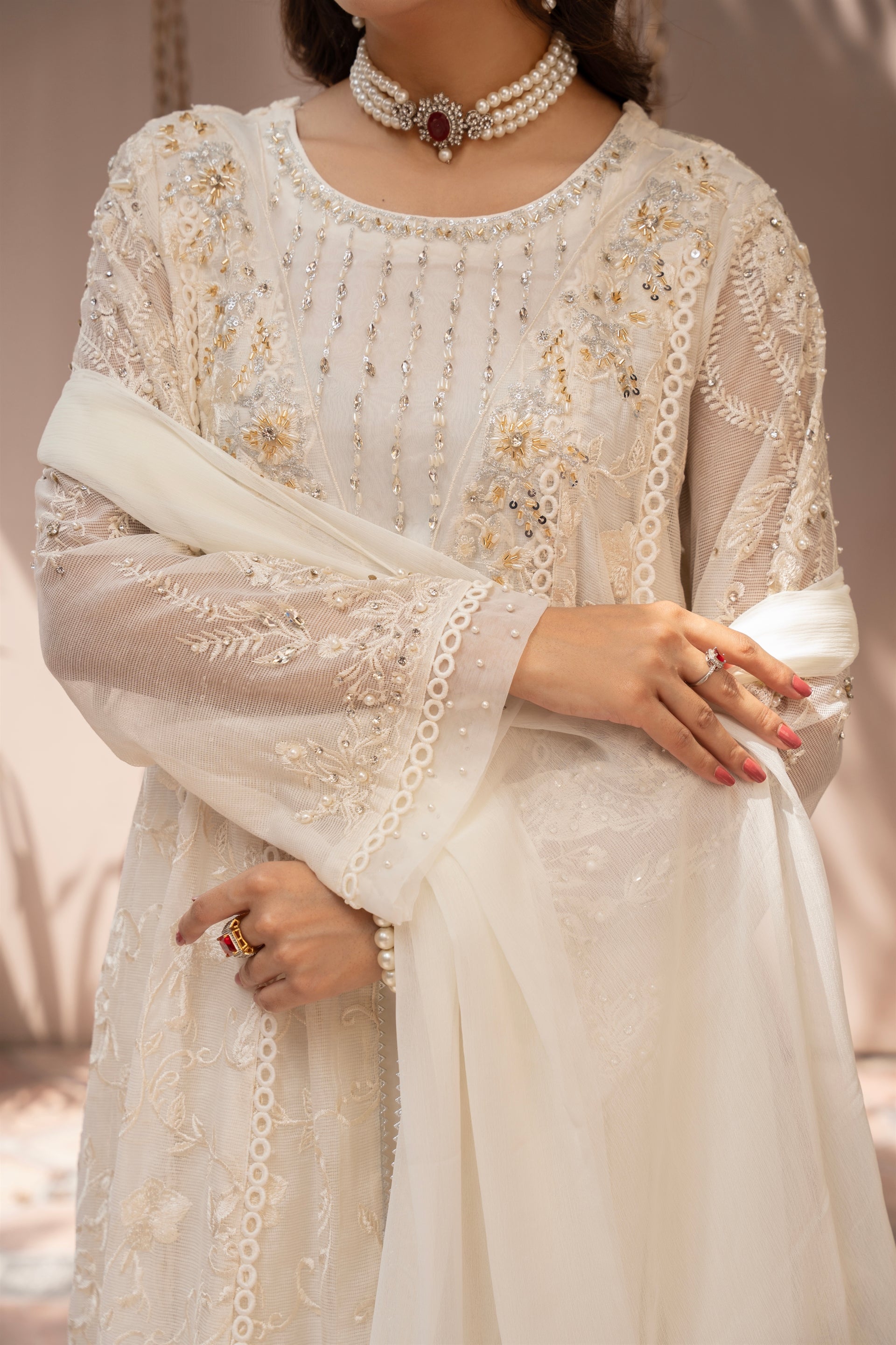 Saffiya By Manahils Stitched 3 Piece Formals Collection'-2025K-160-OFF WHITE