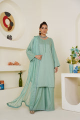 Threads & Weaves Pastel Sea Green Solid 3-Piece Ready-to-Wear Suit with Embroidered Dupatta & Trouser-RTWV25112S