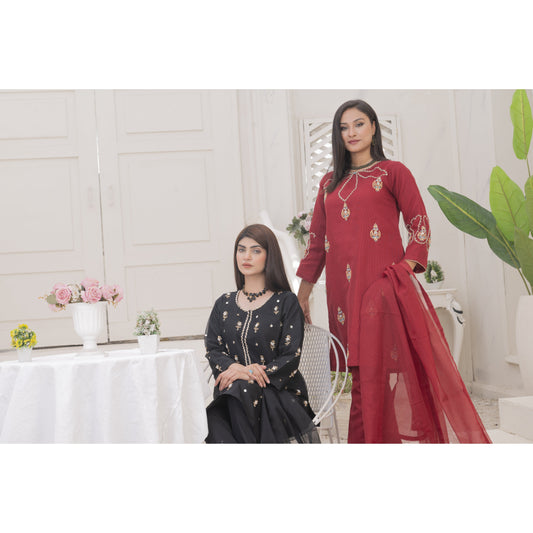 Zaib E Hoor Handmade Neckline Stitched 3-pc Suit