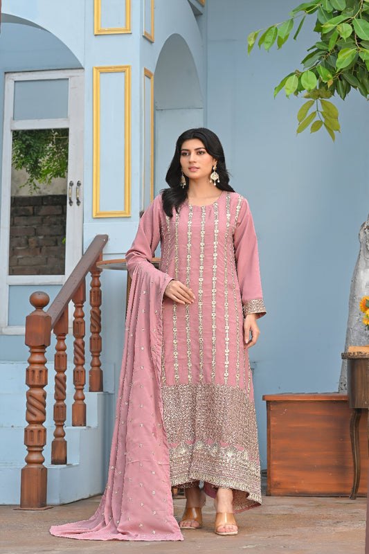 Zaib E Hoor Embroidery Long Frock Stitched 3-pc Suit