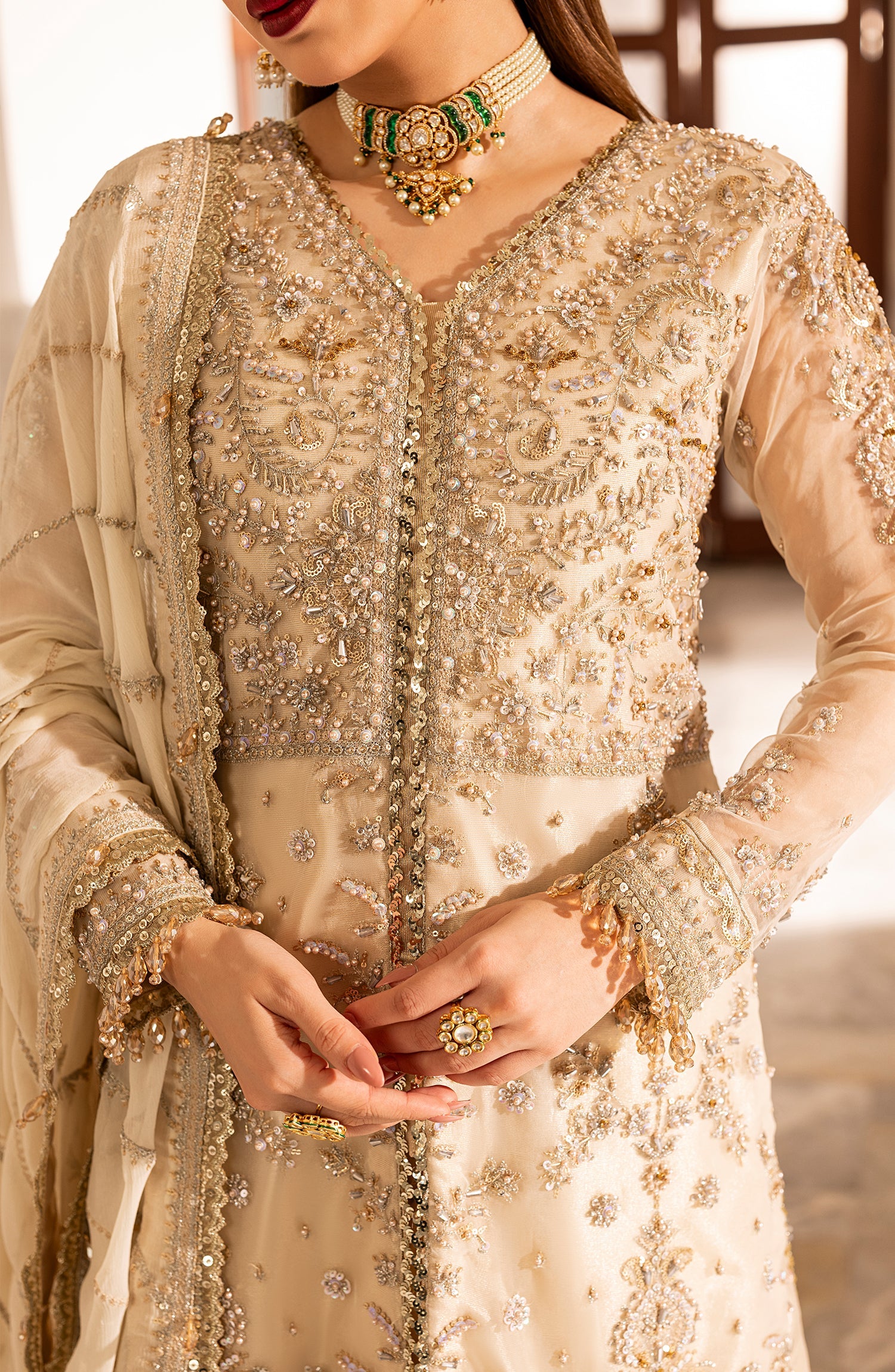 Close-up of model showcasing fabric texture of Aylin Daisy formal dress