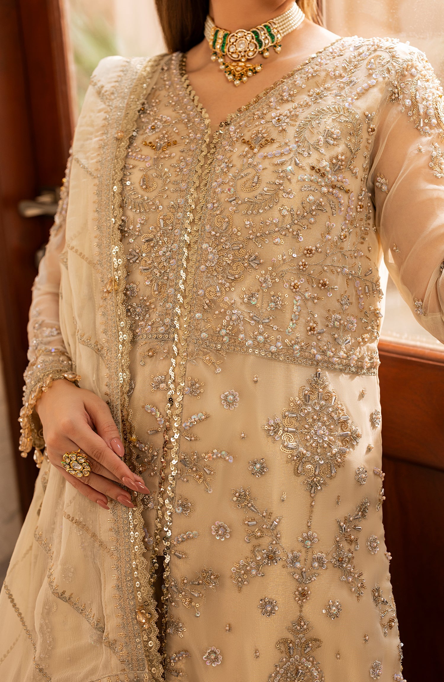 Close look of model wearing Aylin Daisy formal dress at event