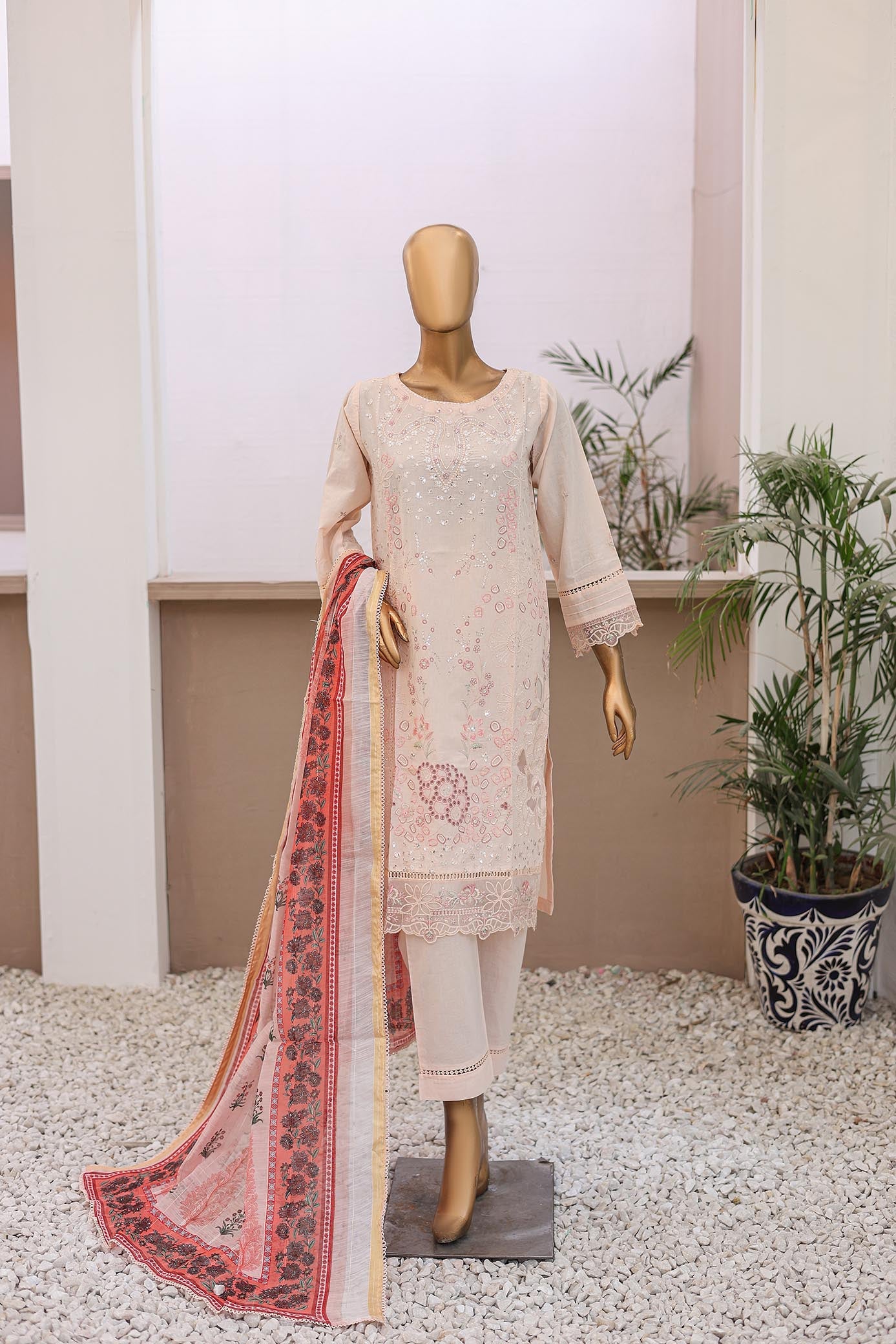 3 PC ? Peach - Festive Embroidered