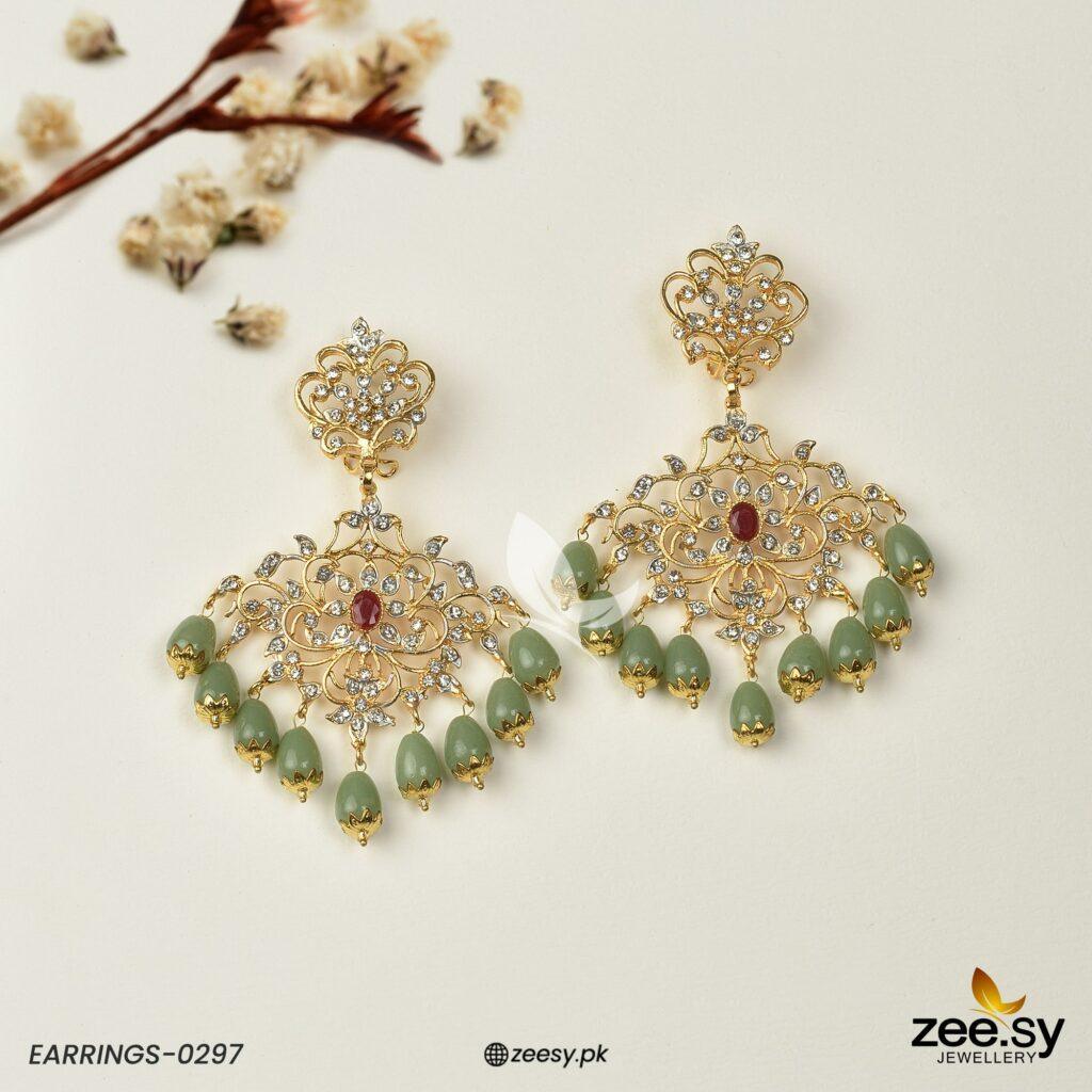 EARRINGS-0297 Pista Center Stone Red - Zeesy Jewellery