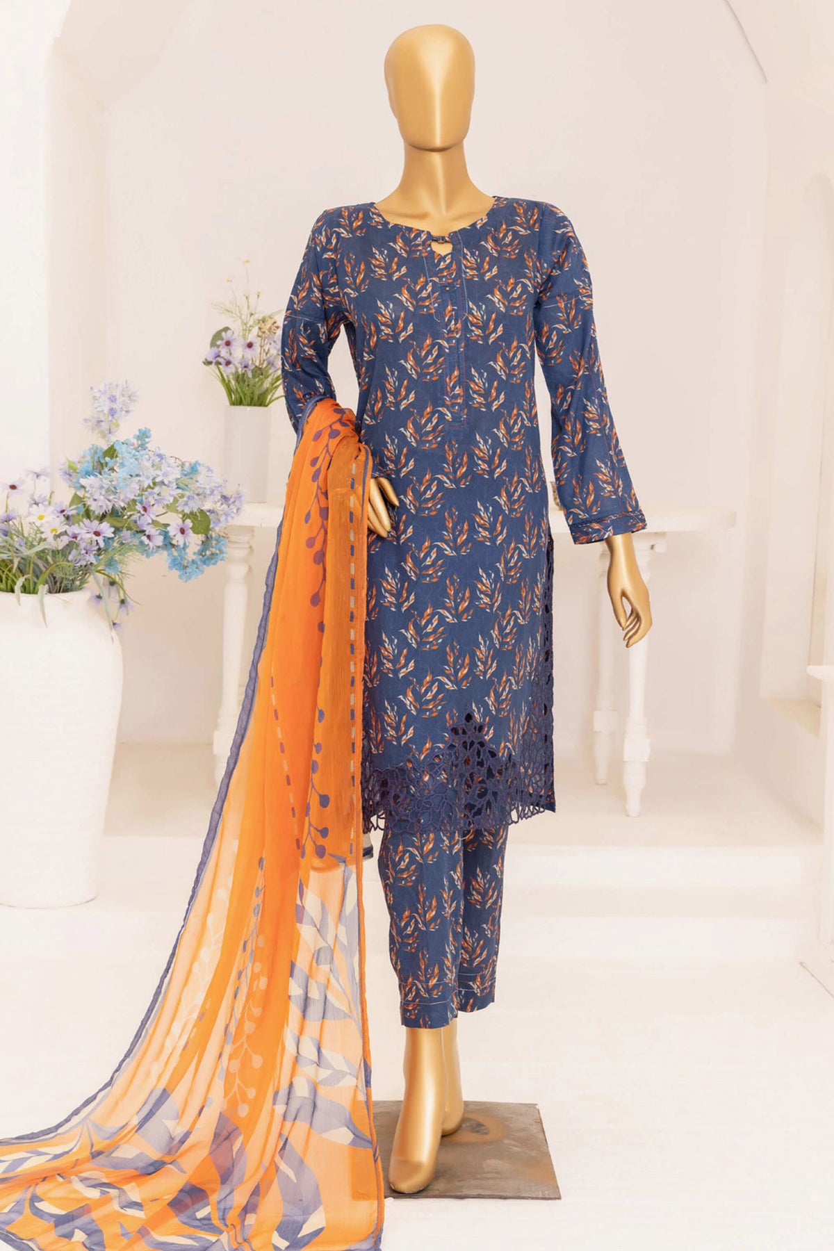 Print & Needle By HZ Stitched 3 Piece Cutwork Printed Lawn Collection'2024-ECL-408-Navy Blue