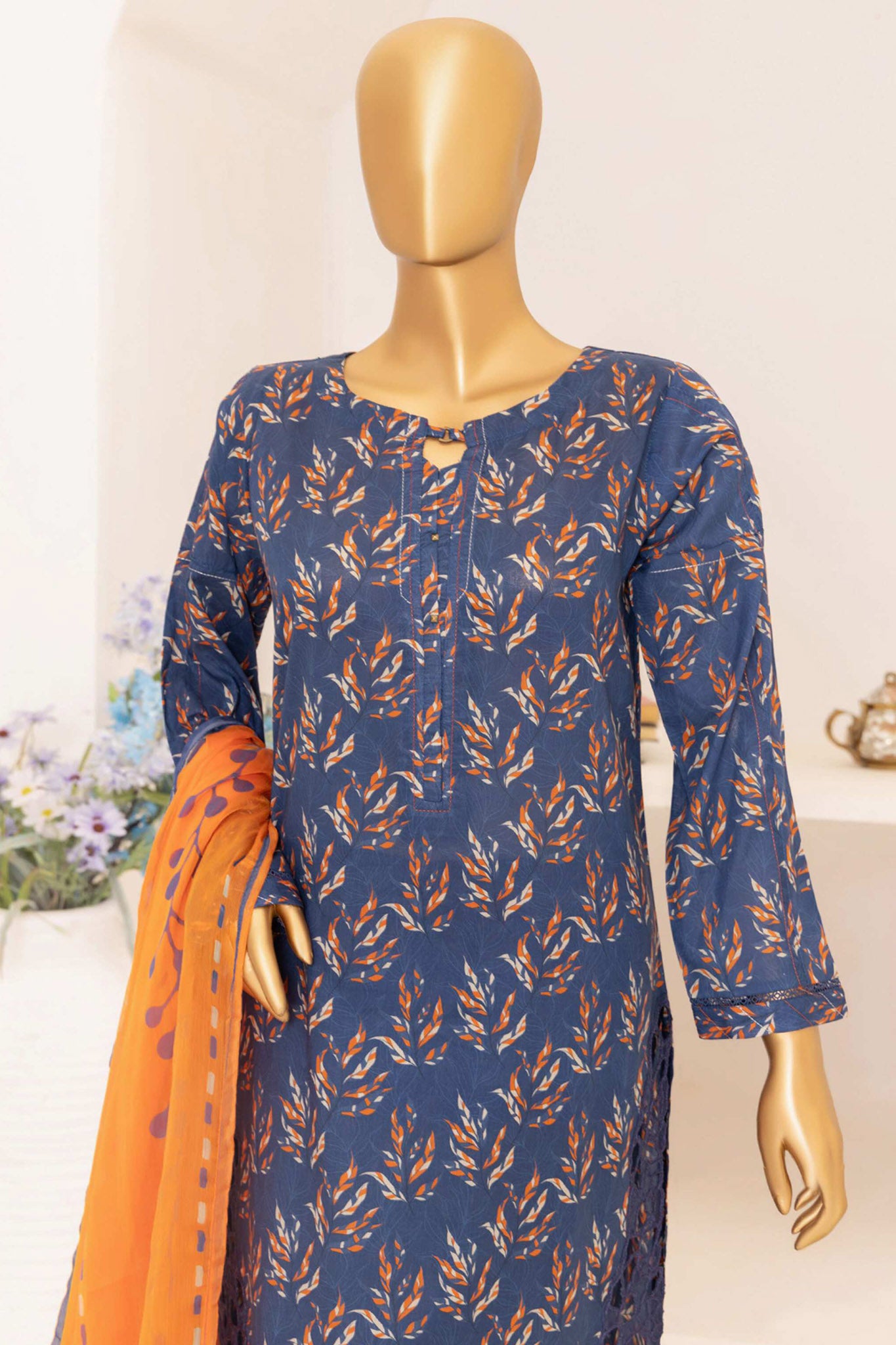 Print & Needle By HZ Stitched 3 Piece Cutwork Printed Lawn Collection'2024-ECL-408-Navy Blue