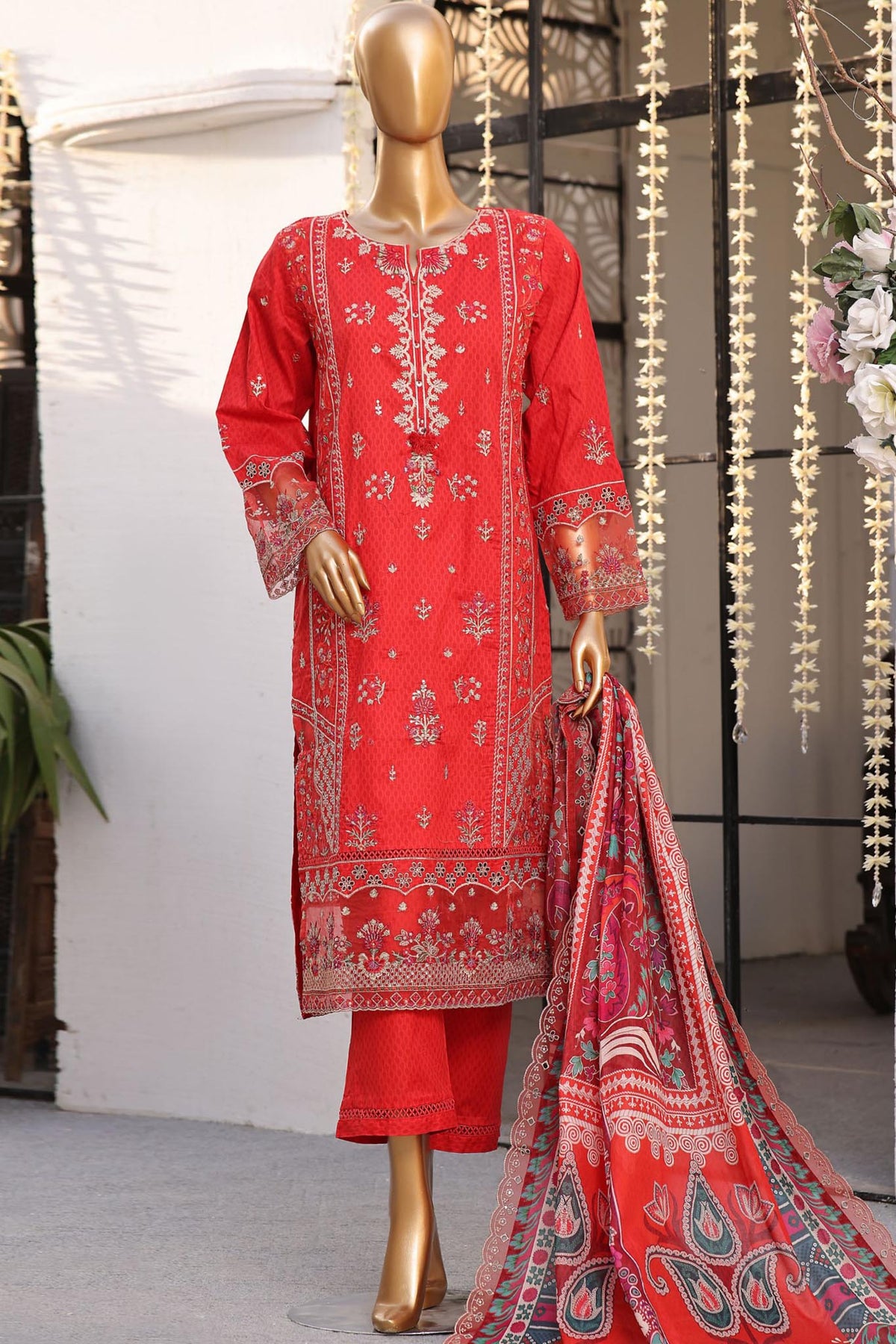 Sada Bahar Stitched 3 Piece Premium Emb Printed Lawn Collection'2024-ED-1038-Red