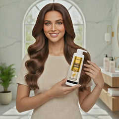 Woman with long, wavy hair holding a shampoo bottle in a bathroom setting