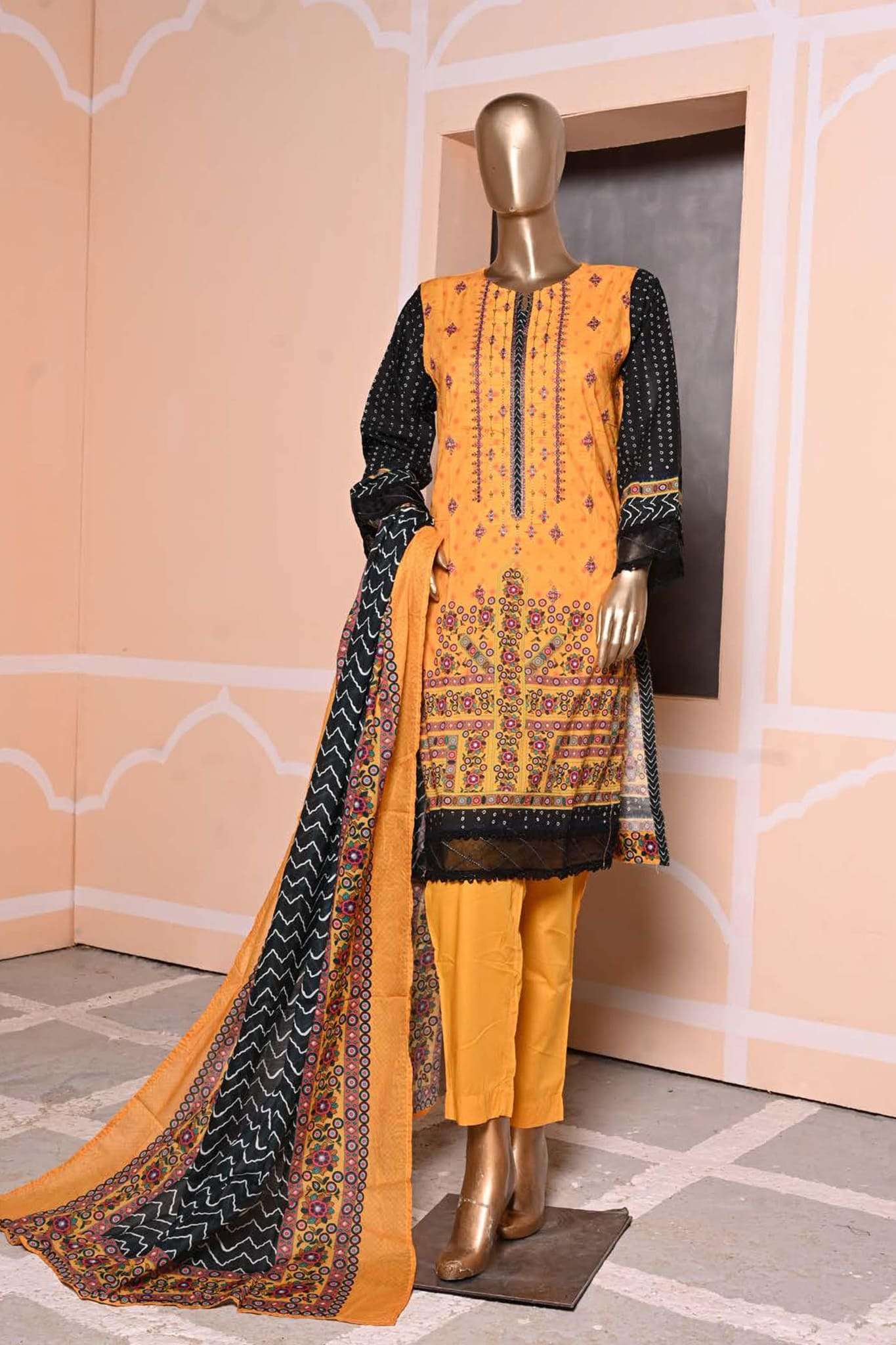 Affifa by Bin Saeed Stitched 3 Piece Embroidered Lawn Vol-03 Collection'2023-F-0373-Yellow