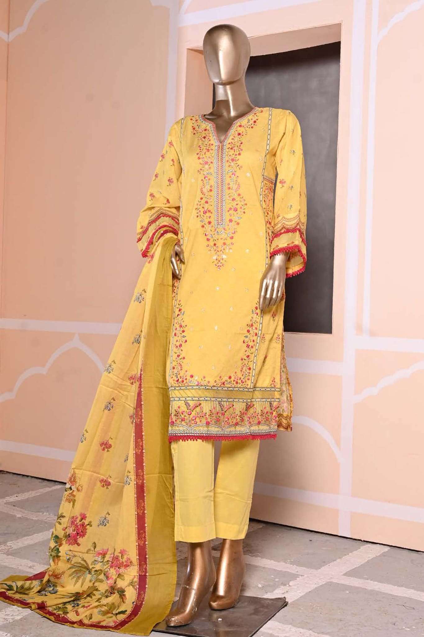 Affifa by Bin Saeed Stitched 3 Piece Embroidered Lawn Vol-02 Collection'2023-F-0375-Yellow