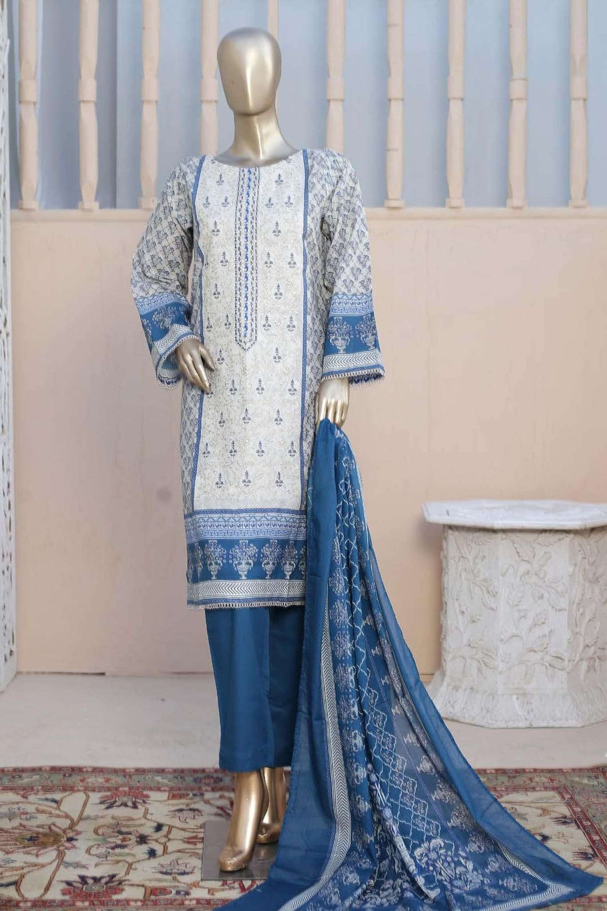 Affifa by Bin Saeed Stitched 3 Piece Embroidered Lawn Vol-01 Collection'2023-F-0413-Blue