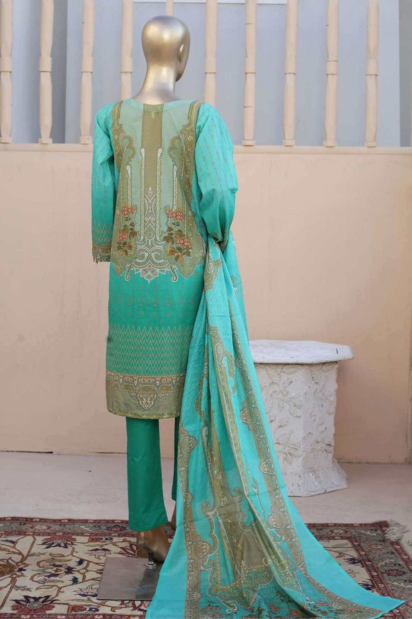 Affifa by Bin Saeed Stitched 3 Piece Embroidered Lawn Vol-01 Collection'2023-F-0472-Ferozi