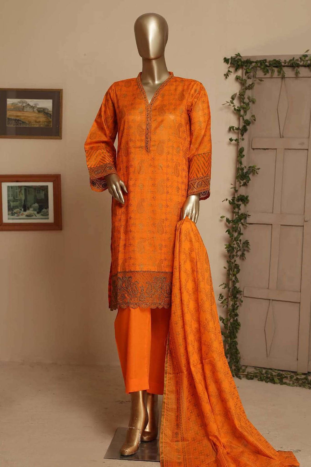 Affifa by Bin Saeed Stitched 3 Piece Embroidered Lawn Vol-02 Collection'2023-F-0522-Orange