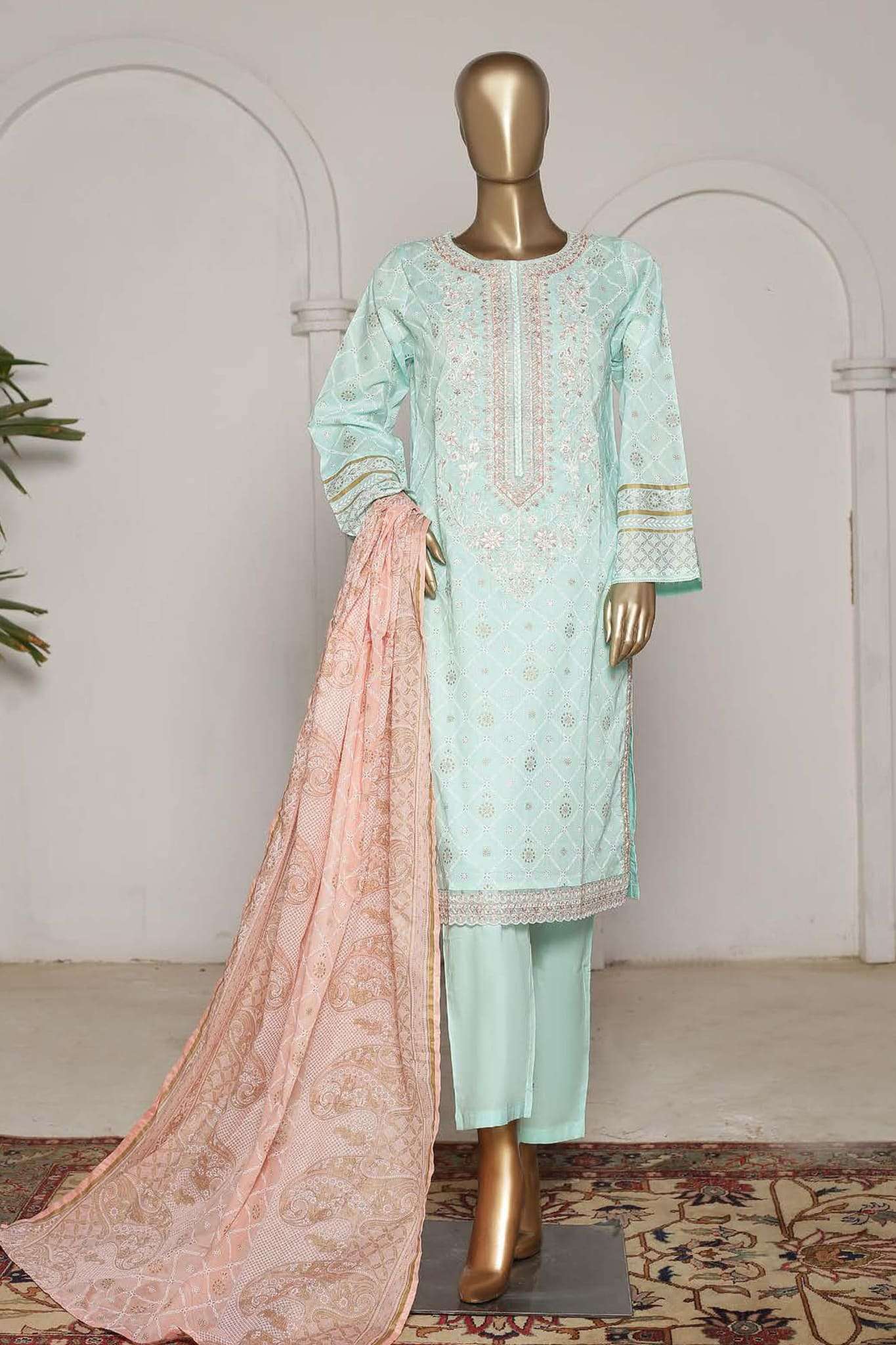 Affifa by Bin Saeed Stitched 3 Piece Embroidered Lawn Vol-01 Collection'2023-F-0529-Ferozi