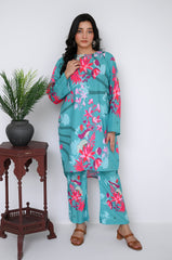 Preet Print Edit By Suitsu Stitched Summer Suit-Aqua Floral Muse