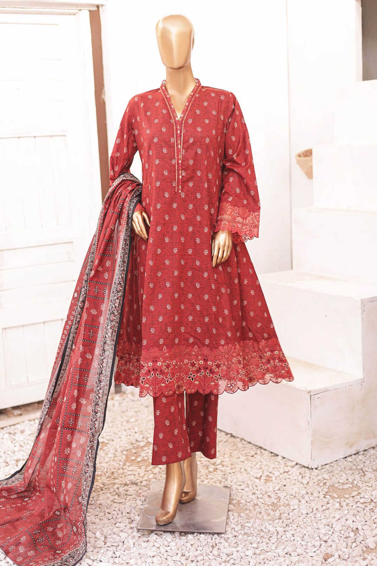 Bin Saeed Stitched 3 Piece Festive Frocks Emb Lawn Collection'2024-SM-540-Maroon