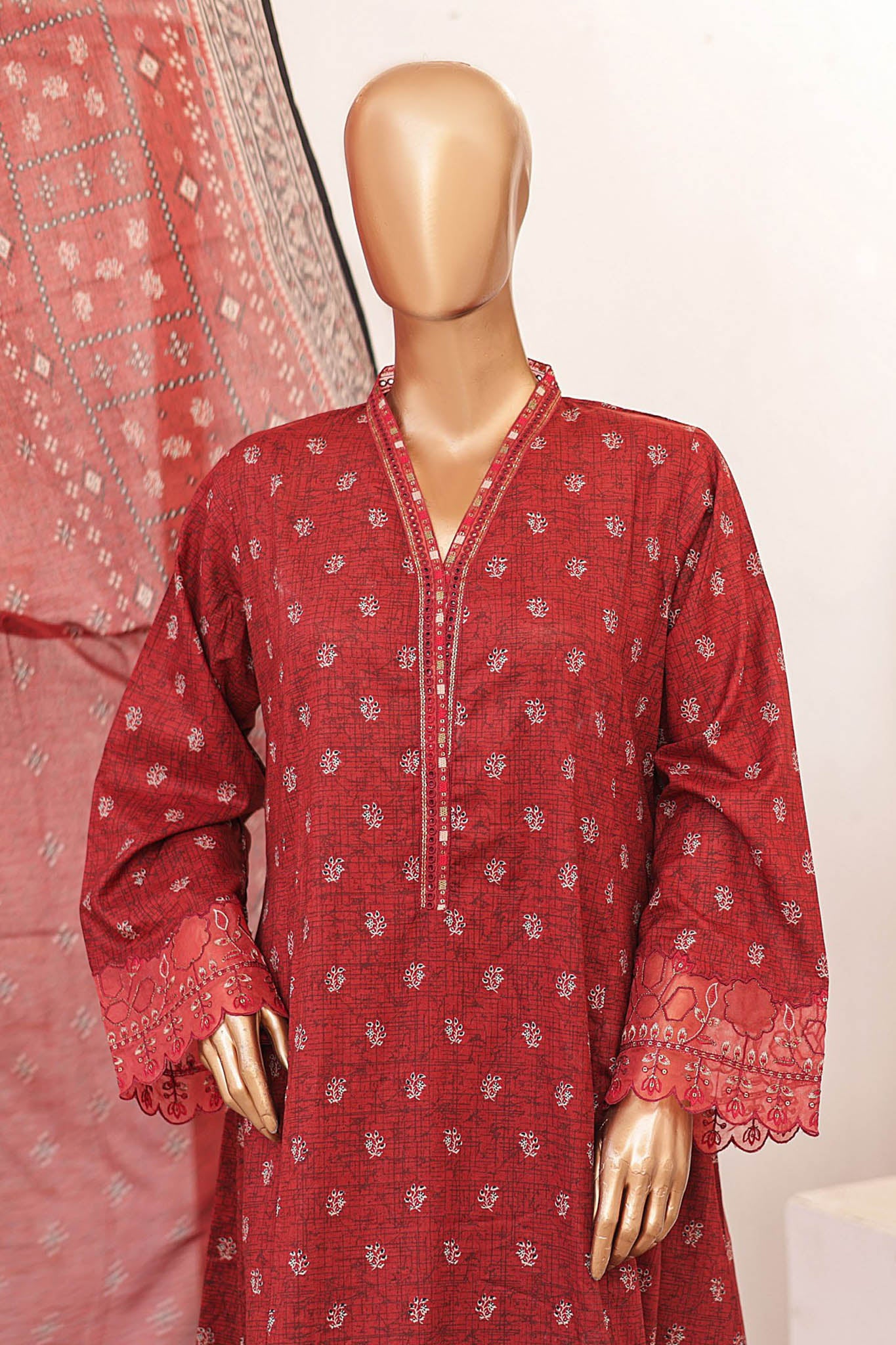 Bin Saeed Stitched 3 Piece Festive Frocks Emb Lawn Collection'2024-SM-540-Maroon