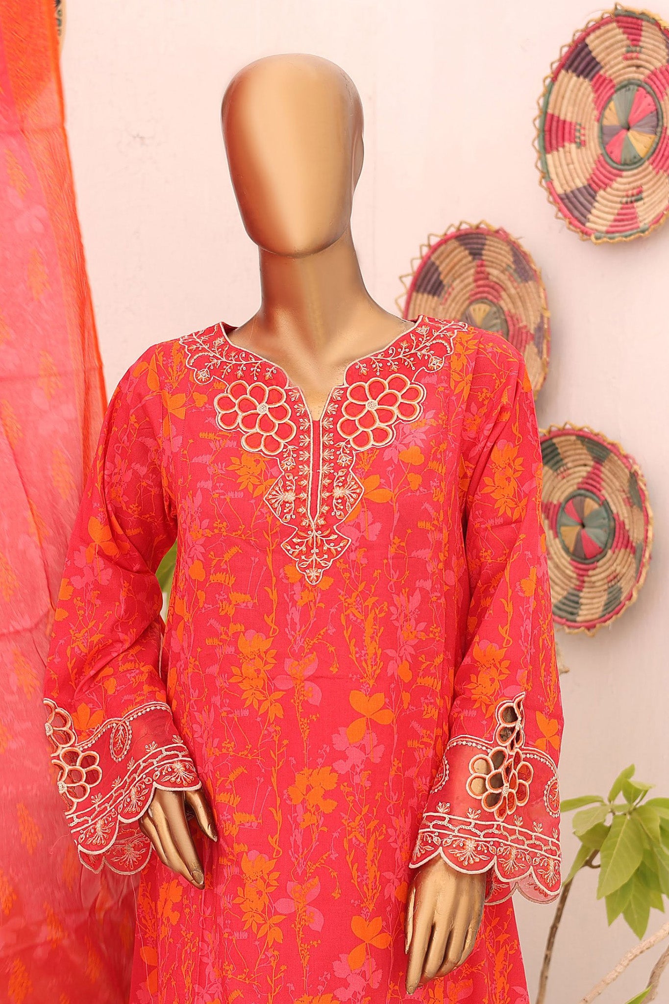 Bin Saeed Stitched 3 Piece Emb Lawn Frocks Collection'2024-SM-808-Red