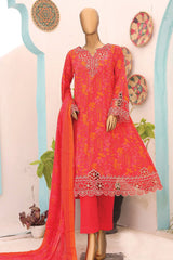 Bin Saeed Stitched 3 Piece Emb Lawn Frocks Collection'2024-SM-808-Red