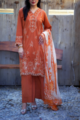 Chameli Studio Burnt Amber 3 Piece Unstitched Embroidered Cotton Lawn
